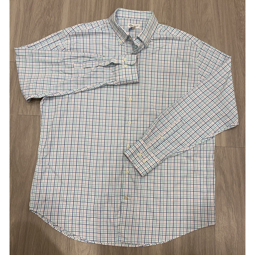Peter Millar Summer Comfort Long Sleeve Blue Pink Checked Button Down Shirt XL